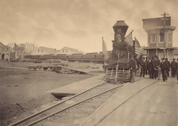 Framed Print : The locomotive and the Abraham Lincoln funeral train in Philadelphia, April 22-24, 1865. The passenger cars and engine are draped with black mourning crepe (BSLOC_2019_5_80) Framed Print : The locomotive and the Abraham Lincoln funeral train in Philadelphia, April 22-24, 1865. The passenger cars and engine are draped with black mourning crepe (BSLOC_2019_5_80)