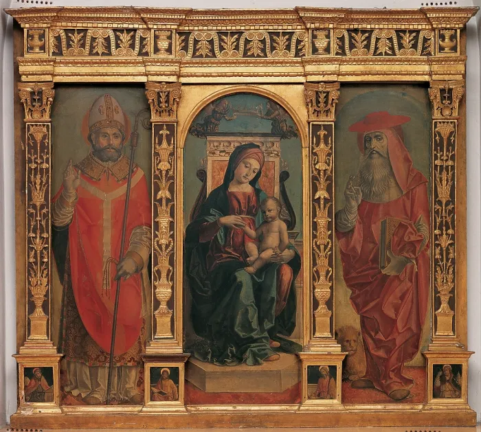 Framed Print : Lombard Artist, was attributed Zenale Bernardo, Madonna and Child with Sts Jerome and Ambrose, 1495, 15th Century, tempera on panel, Italy, Lombardy, Milan