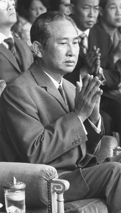 Framed Print : Lon Nol, Cambodia's President at the dedication of housing for Cambodian war widows. May 16, 1974