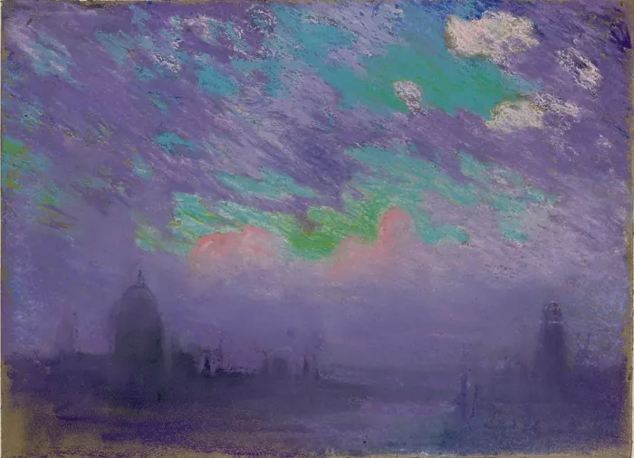 Framed Print : London depicted in a deeply colored pastel by Joseph Pennell (1957-1926), American illustrator and printmaker. Ca. 1910