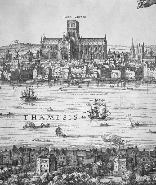 Framed Print : London during Elizabeth I's reign (17th c.). River Thames and St Paul's cathedral, before being remodeled in 1666. Engraving. UNITED KINGDOM. London. Museum of London