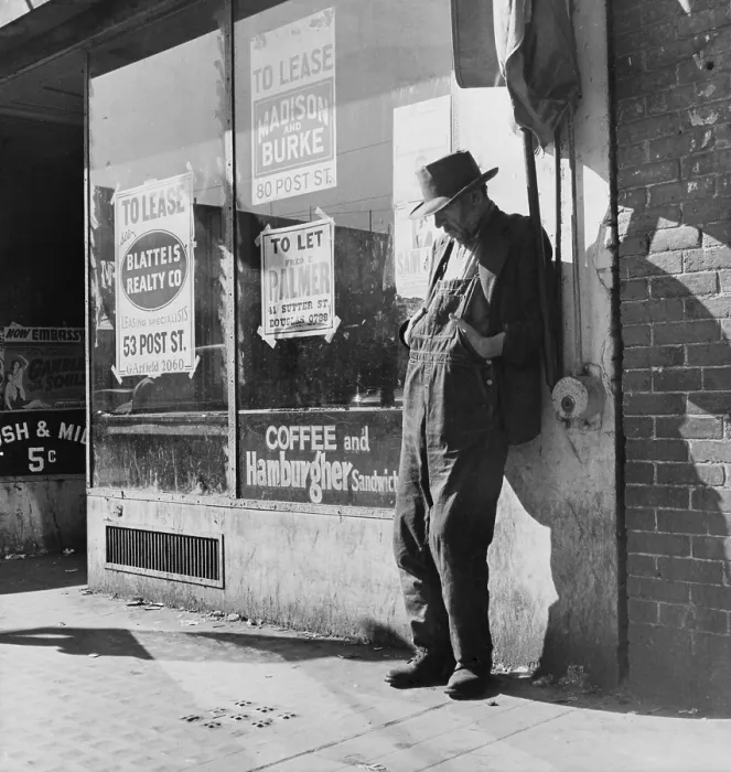Framed Print : Lone man in farmer's overalls, on San Francisco's Skid Row at Howard Street Framed Print : Lone man in farmer's overalls, on San Francisco's Skid Row at Howard Street