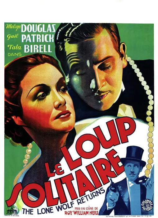 Framed Print : THE LONE WOLF RETURNS, (aka LE LOUP SOLITAIRE), top from left: Gail Patrick, Melvyn Douglas, bottom right: Melvyn Douglas on Belgian poster art, 1935