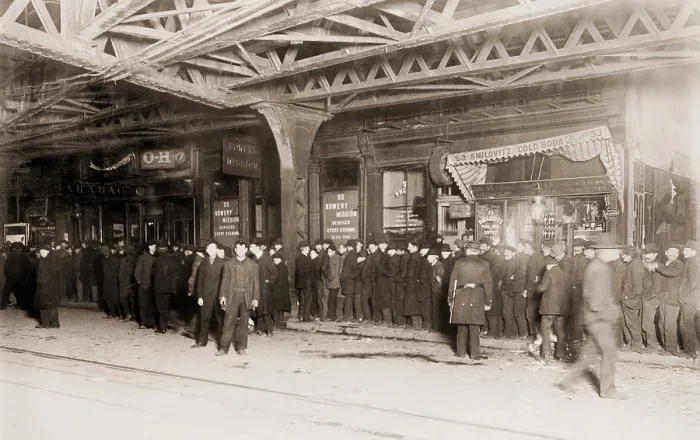 Framed Print : Long Bread line with police presence, outside Bowery Mission in New York City, 1910