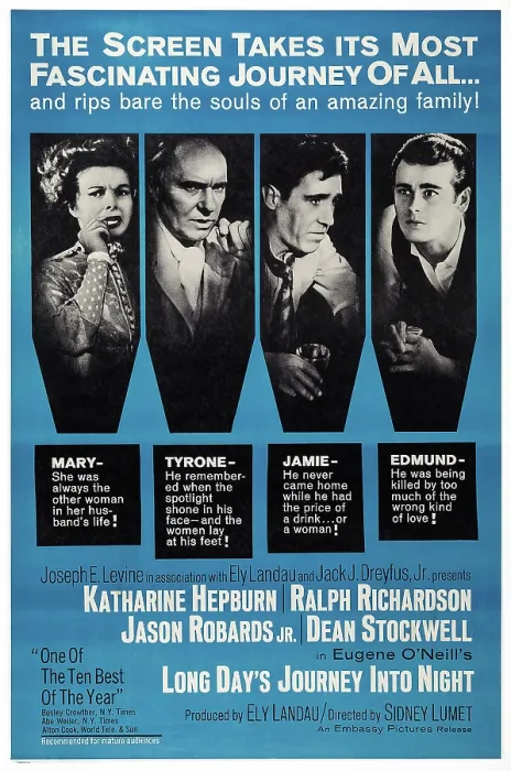 Framed Print : LONG DAY'S JOURNEY INTO NIGHT, l-r: Katharine Hepburn, Ralph Richardson, Jason Robards Jr. Dean Stockwell on poster art, 1962