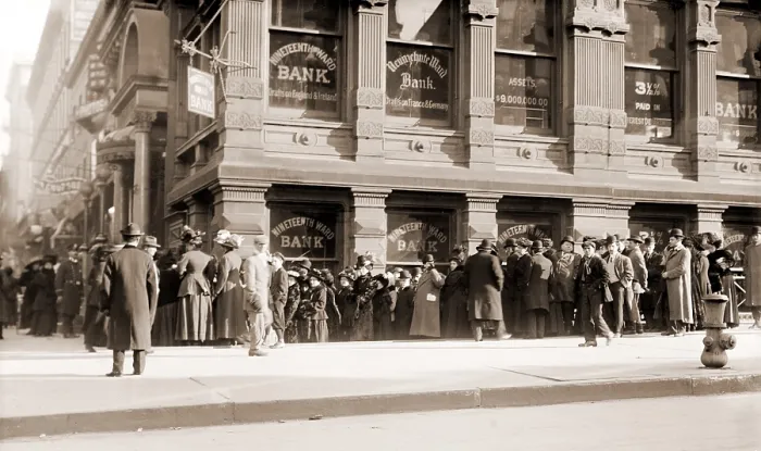 Framed Print : A long line of depositors line up in a run on a New York City bank. The Nineteenth Ward Bank boasted $9 million in deposits and paid 3.5 % interest on savings deposits. Ca Framed Print : A long line of depositors line up in a run on a New York City bank. The Nineteenth Ward Bank boasted $9 million in deposits and paid 3.5 % interest on savings deposits. Ca