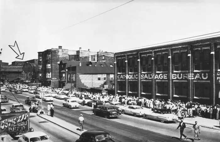 Framed Print : Long line of friends of Emmett Till, 14, and strangers wait to view the boy's body. Sept. 6, 1955, Chicago