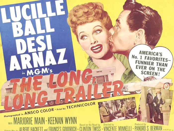 Framed Print : THE LONG LONG TRAILER, top l-r: Lucille Ball, Desi Arnaz on title lobbycard, 1954