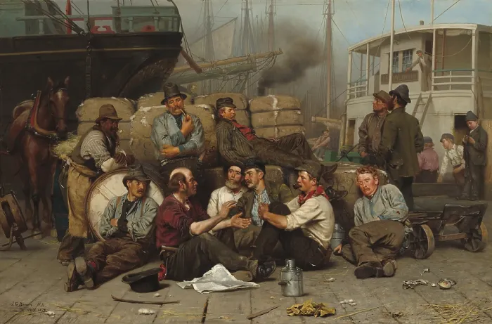 Framed Print : The Longshoremen's Noon, by John George Brown, 1879, American painting, oil on canvas. With bales of cotton behind them, longshoremen break for lunch on a wharf