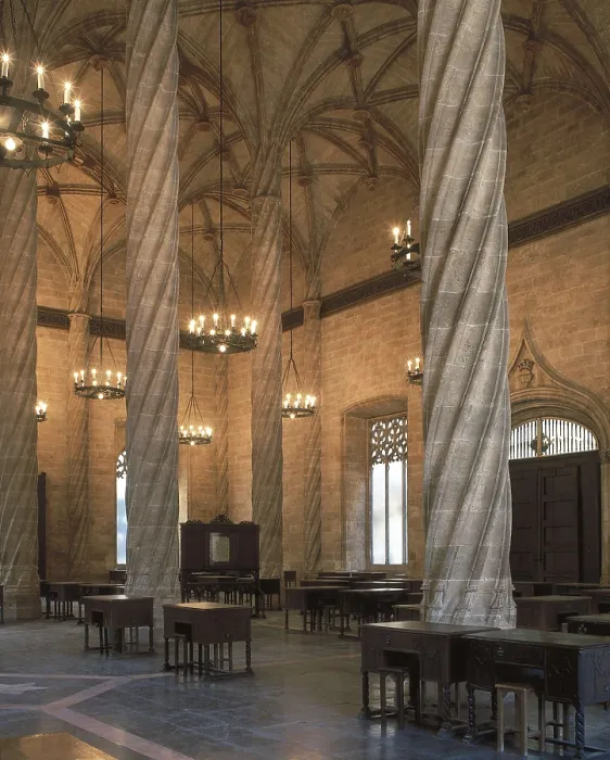 Framed Print : Lonja de la Seda o Lonja de Mercaderes (Silk or Merchant's Exchange) of Valencia. 1482-1533. SPAIN. Valencia. Llotja (Guildhall). Contract Hall, by Pere Comte. Gothic art