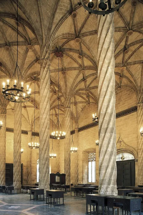 Framed Print : Lonja de la Seda o Lonja de Mercaderes (Silk or Merchant's Exchange) of Valencia. 1482-1533. SPAIN. Valencia. Llotja (Guildhall). Contract Hall, by Pere Comte. Gothic art