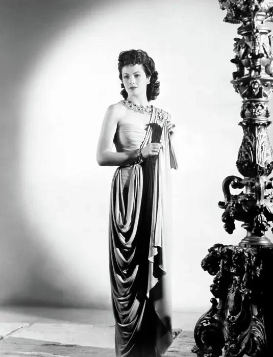 Framed Print : LOOK BEFORE YOU LOVE, Margaret Lockwood, in a gown of grayish-pink jersey with gold and emerald collar, 1948