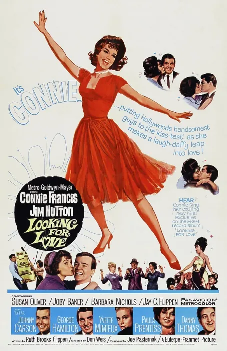Framed Print : LOOKING FOR LOVE, US poster, Connie Francis, bottom from left: Johnny Carson, George Hamilton, Yvette Mimieux, Paula Prentiss, Danny Thomas, 1964