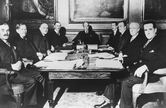 Framed Print : Lord Halifax, Foreign Secretary in Neville Chamberlain's Cabinet presiding over a meeting. April 16, 1940