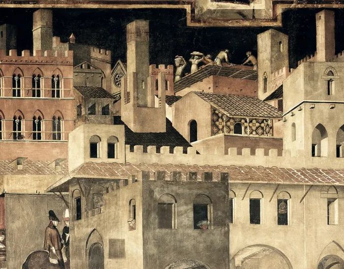 Framed Print : LORENZETTI, Ambrogio (1285-1348). Effects of Good Government on the City Life. First half 14th c. Detail. Renaissance art. Trecento. Fresco. ITALY. Siena. Public Palace