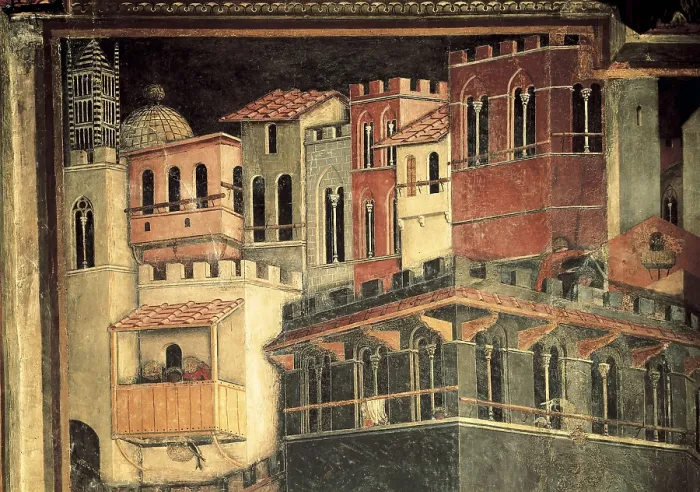Framed Print : LORENZETTI, Ambrogio (1285-1348). Allegory of the Good Government: Effects of Good Government on the City Life. 1338-1340. ITALY. Siena. Public Palace. Central detail Framed Print : LORENZETTI, Ambrogio (1285-1348). Allegory of the Good Government: Effects of Good Government on the City Life. 1338-1340. ITALY. Siena. Public Palace. Central detail