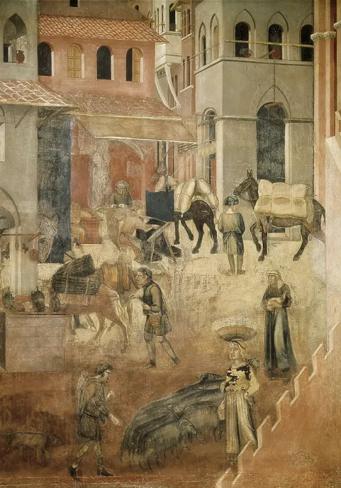Framed Print : LORENZETTI, Ambrogio (1285-1348). Allegory of the Good Government: Effects of Good Government on the City Life. 1338-1340. ITALY. Siena. Public Palace. Right detail