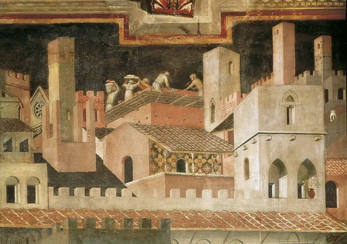 Framed Print : LORENZETTI, Ambrogio (1285-1348). Allegory of the Good Government: Effects of Good Government on the City Life. 1338-1340. ITALY. Siena. Public Palace. Central detail
