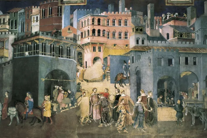 Framed Print : LORENZETTI, Ambrogio (1285-1348). Allegory of the Good Government: Effects of Good Government on the City Life. 1338-1340. ITALY. Siena. Public Palace. Central detail