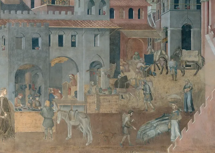 Framed Print : Lorenzetti Ambrogio, The Effects of Good Government in the City, 1338 - 1339, 14th Century, fresco, Italy, Tuscany, Siena, Palazzo Pubblico