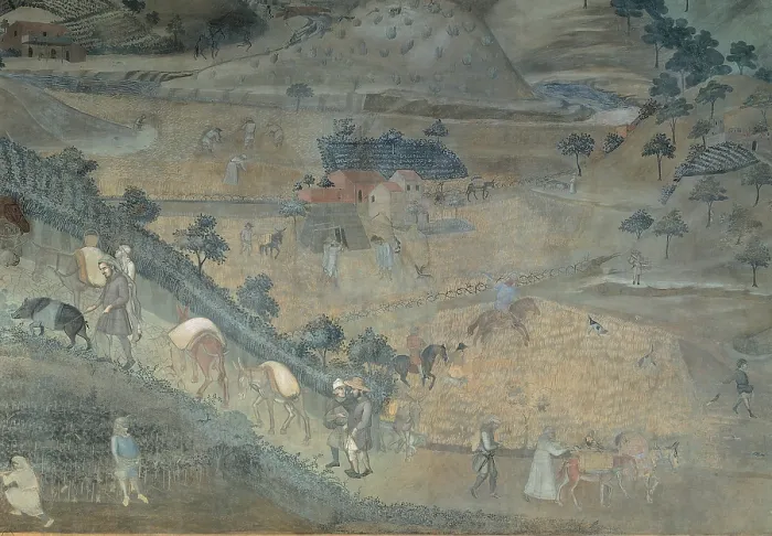Framed Print : Lorenzetti Ambrogio, The Effects of Good Government in the City and Country, 1338 - 1339, 14th Century, fresco, Italy, Tuscany, Siena, Palazzo Pubblico, Sala dei Nove
