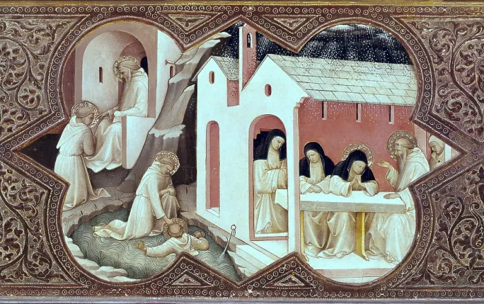Framed Print : Lorenzo Monaco (1370-1422). The Coronation of the Virgin. 1413. Detail of the predella. Renaissance art. Trecento. Oil on wood. ITALY. Florence Framed Print : Lorenzo Monaco (1370-1422). The Coronation of the Virgin. 1413. Detail of the predella. Renaissance art. Trecento. Oil on wood. ITALY. Florence