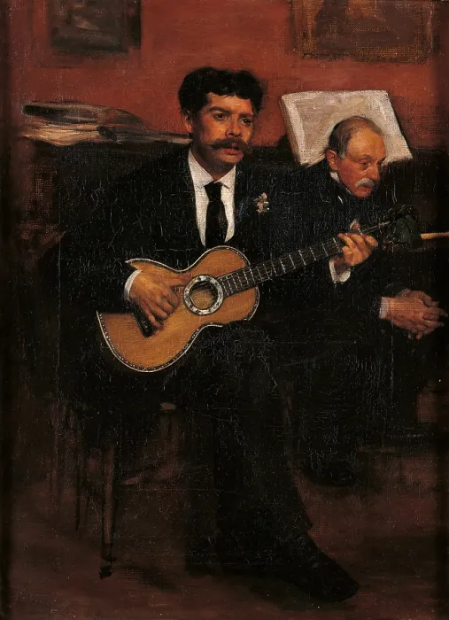 Framed Print : Lorenzo Pagans and Auguste Degas, by Edgar Degas, 1871 - 1872, 19th Century, oil on canvas - France, Paris, Muse d'Orsay. Whole artwork view. Double portrait with guitar Framed Print : Lorenzo Pagans and Auguste Degas, by Edgar Degas, 1871 - 1872, 19th Century, oil on canvas - France, Paris, Muse d'Orsay. Whole artwork view. Double portrait with guitar