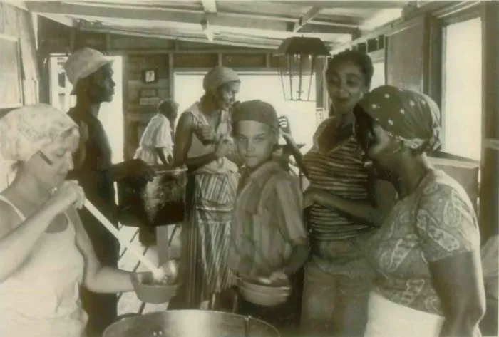 Framed Print : Loretta Cordell serving dinner to Chris Cordell, Richard Anderson, and other residents. People's Temple Agricultural Project. Jonestown, Guyana. Nov. 1978 Framed Print : Loretta Cordell serving dinner to Chris Cordell, Richard Anderson, and other residents. People's Temple Agricultural Project. Jonestown, Guyana. Nov. 1978