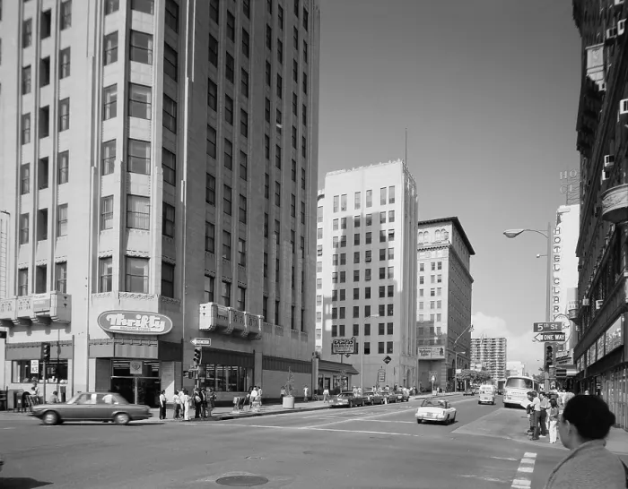 Framed Print : Los Angeles, Guarantee & Trust Building, detail of southeast entrance, 401 West Fifth Street, California, photograph circa early 1980s