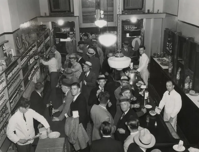 Framed Print : Los Angeles liquor store with customers purchasing and drinking liquor, Dec. 6, 1933. (BSLOC_2013_8_152) Framed Print : Los Angeles liquor store with customers purchasing and drinking liquor, Dec. 6, 1933. (BSLOC_2013_8_152)