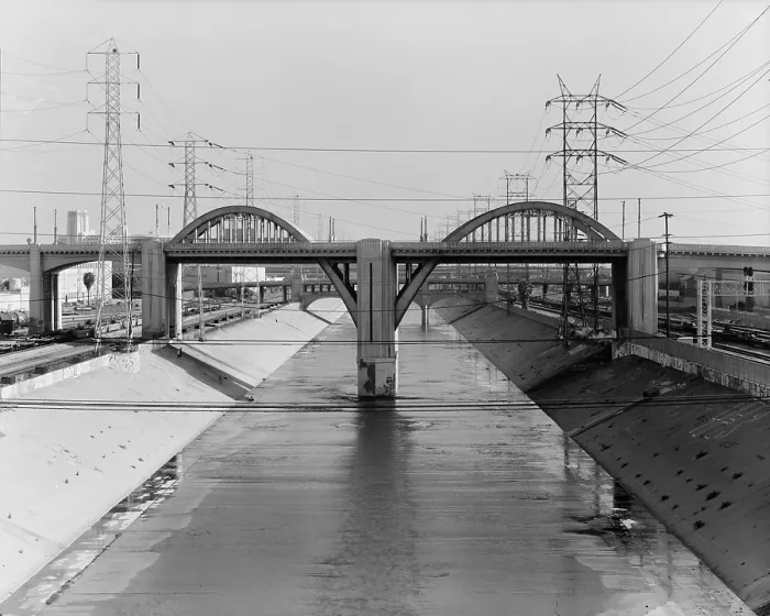 Framed Print : Los Angeles River and the Sixth Street Bridge, an example of Moderne design with detailing referred to as Starved Classicism, designed by Merrill Butler in 1932