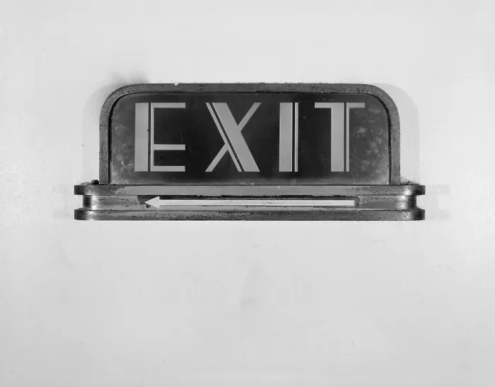 Framed Print : Los Angeles Union Passenger Terminal, detail of signage in reception hall, reads Exit with an arrow, 800 North Alameda Street, Los Angeles, California