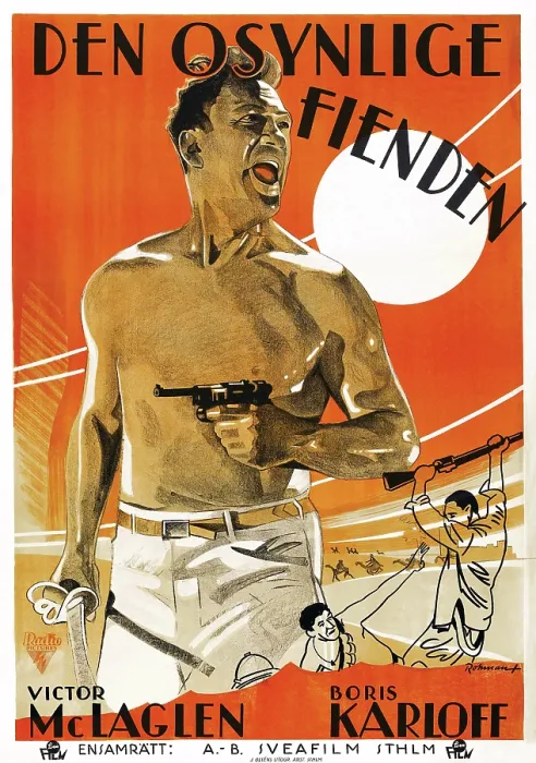 Framed Print : LOST PATROL, (aka DEN OSYNLIGA FIENDEN), Victor McLaglen on Swedish poster art, 1934