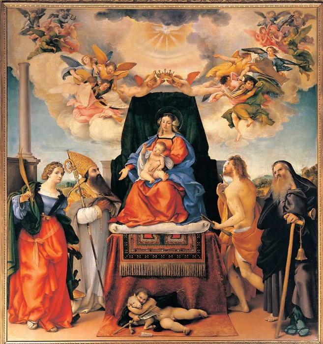 Framed Print : Lotto Lorenzo, AltarPiece of Santo Spirito (Enthroned Madonna with St Catherine, St Augustine, St Sebastian, St Anthony the Abbot) Framed Print : Lotto Lorenzo, AltarPiece of Santo Spirito (Enthroned Madonna with St Catherine, St Augustine, St Sebastian, St Anthony the Abbot)