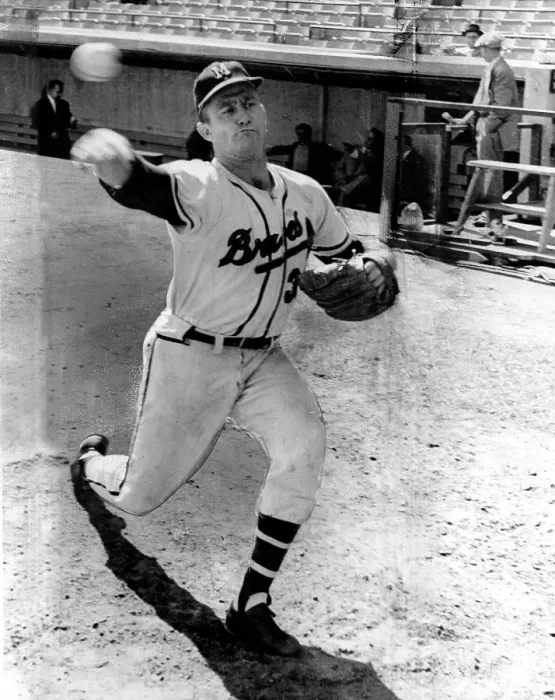 Framed Print : Lou Burdette at County Stadium in Milwaukee preparing for the opening game of the 1958 World Series against the New York Yankees.. Courtesy: CSU Archives  /  Everett Collection