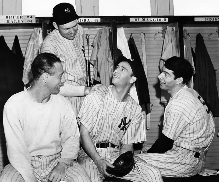 Framed Print : Lou Gehrig, Joe Gordon, Joe DiMaggio and Bill Dickey (standing) in the Yankee's locker room, 1939. Courtesy: CSU Archives / Everett Collection