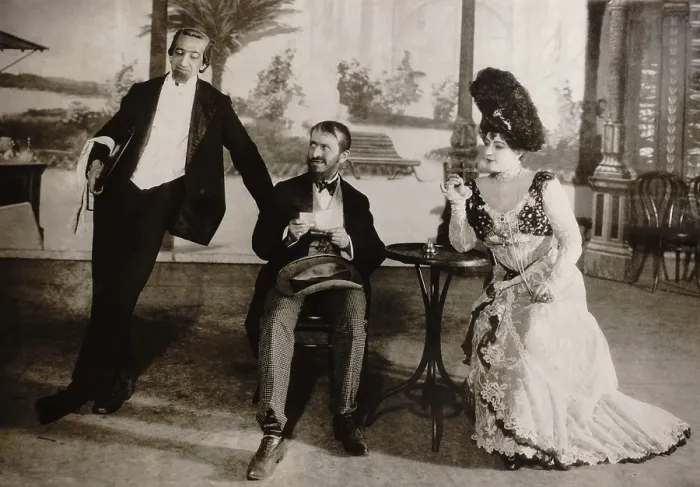 Framed Print : Lou M. Fields, David Warfield, and Lillian Russell in a scene from WHIRL-I-GIG, 1899