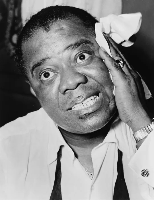 Framed Print : Louis Armstrong (1901-1971), African American Jazz musician, with his signature handkerchief in 1953