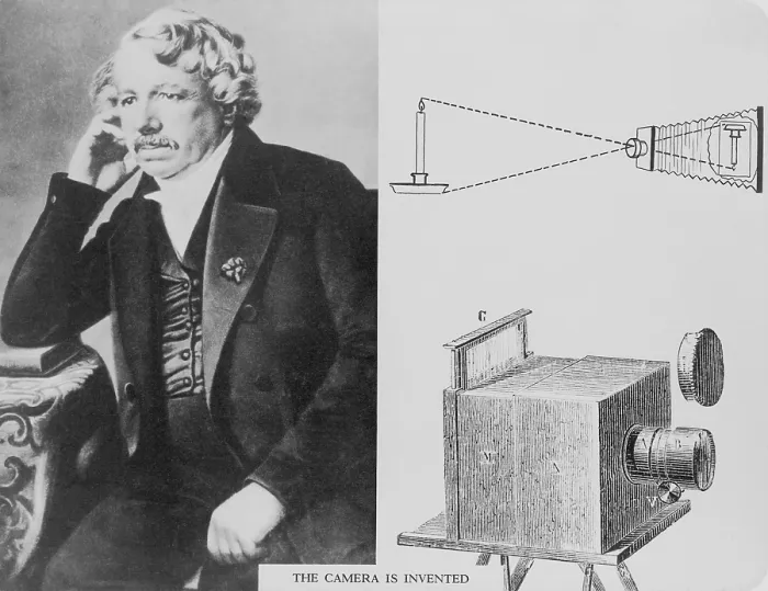 Framed Print : Louis Daguerre (1787-1851), with an illustration of the camera he invented. Ca. 1840