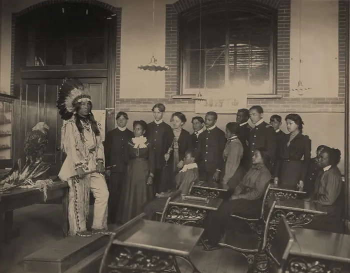 Framed Print : Louis Firetail, wearing Sioux tribal clothing, in an American history class at Hampton Institute