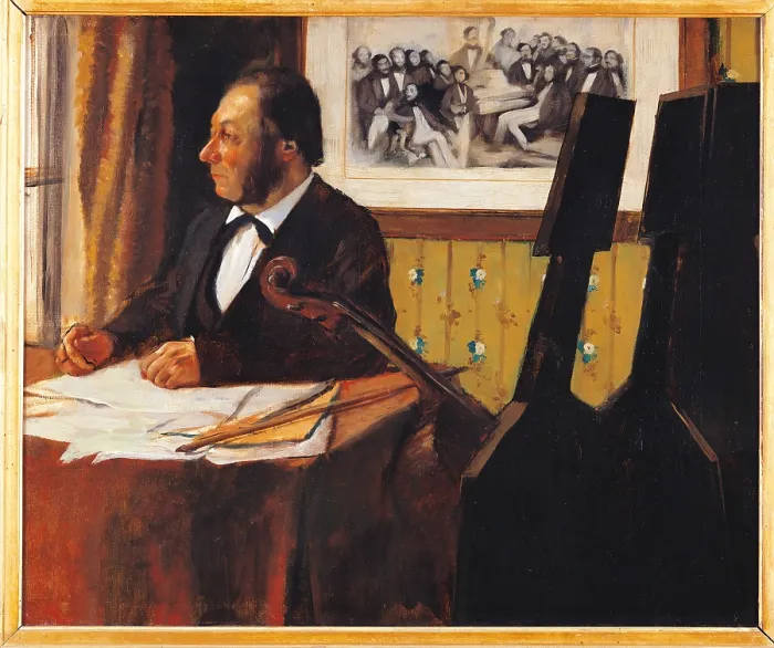 Framed Print : Louis Marie Pilet, cellist of the Orchestra at the Opra, by Edgar Degas, 1868 - 1869, 19th Century, oil on canvas, cm 50, 5 x 61 - France, Ile de France, Paris, Muse dOrsay