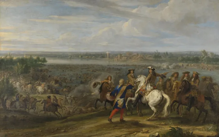 Framed Print : Louis XIV Crossing into the Netherlands at Lobith, by Adam Frans van der Meulen, c. 1672-90. The French invaded the Netherlands with an army of 120, 000, on June 12, 1672
