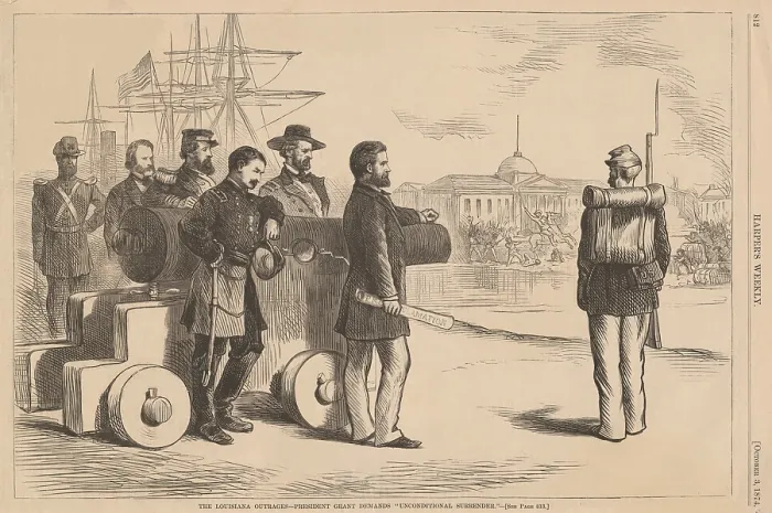 Framed Print : The Louisiana outrages--President Grant demands unconditional surrender. President Ulysses Grant holds his Proclamation Regarding Disturbances in Louisiana Framed Print : The Louisiana outrages--President Grant demands unconditional surrender. President Ulysses Grant holds his Proclamation Regarding Disturbances in Louisiana