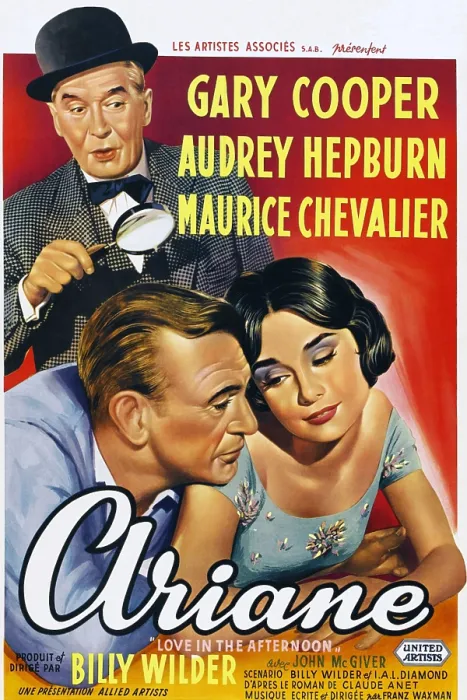 Framed Print : LOVE IN THE AFTERNOON, (aka ARIANE), top: Maurice Chevalier, bottom l-r: Gary Cooper, Audrey Hepburn on Belgian poster art, 1957