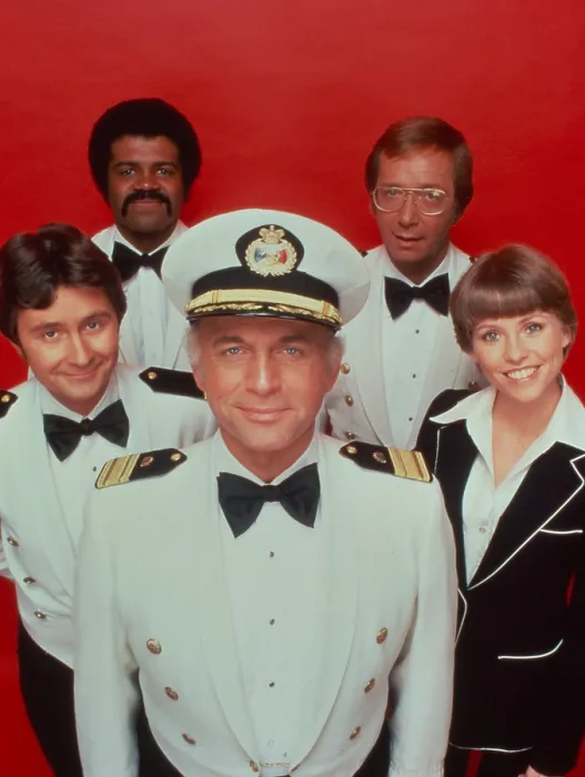 Framed Print : THE LOVE BOAT, fclockwise from front center: Gavin MacLeod, Fred Grandy, Ted Lange, Bernie Kopell, Lauren Tewes, 1977-1986