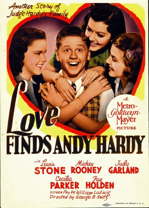 Framed Print : LOVE FINDS ANDY HARDY, from left: Judy Garland, Mickey Rooney, Ann Rutherford, Lana Turner on midget window card, 1938