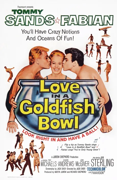 Framed Print : LOVE IN A GOLDFISH BOWL, US poster art, from left: Fabian, Toby Michaels, Tommy Sands, 1961