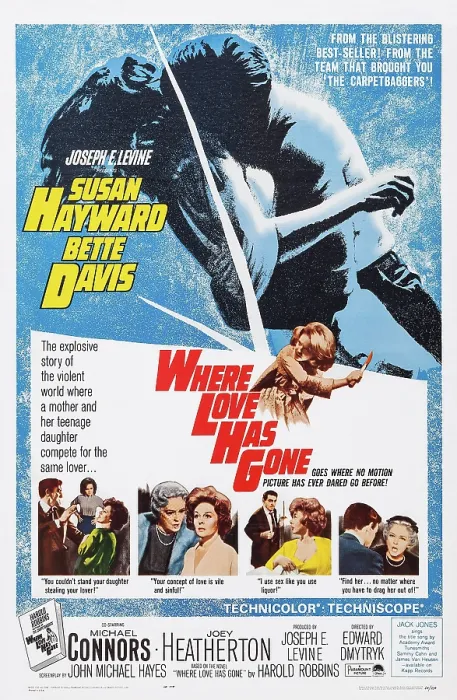 Framed Print : WHERE LOVE HAS GONE, US poster art, second left insert: Bette Davis, Susan Hayward; second right insert: Michael Connors, Susan Hayward; right insert: Bette Davis, 1964