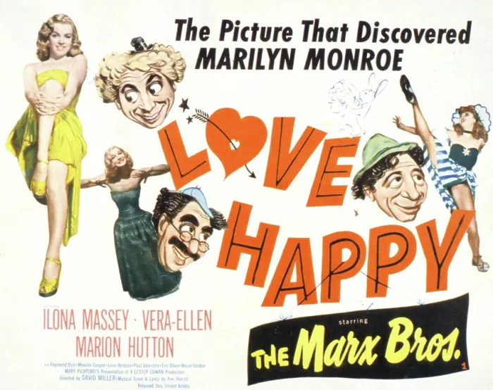 Framed Print : LOVE HAPPY, Marilyn Monroe, Marion Hutton, Harpo Marx, Groucho Marx, Chico Marx, 1949