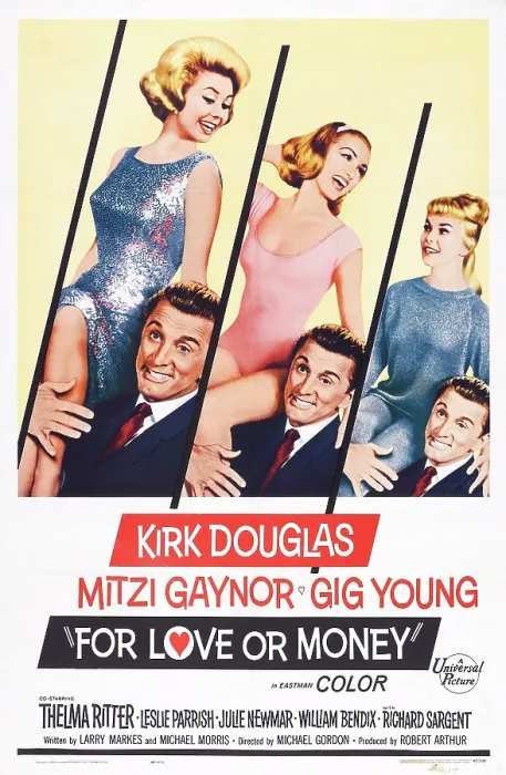 Framed Print : FOR LOVE OR MONEY, US poster, Kirk Douglas (three times) holding from left: Mitzi Gaynor, Julie Newmar, Leslie Parrish, 1963